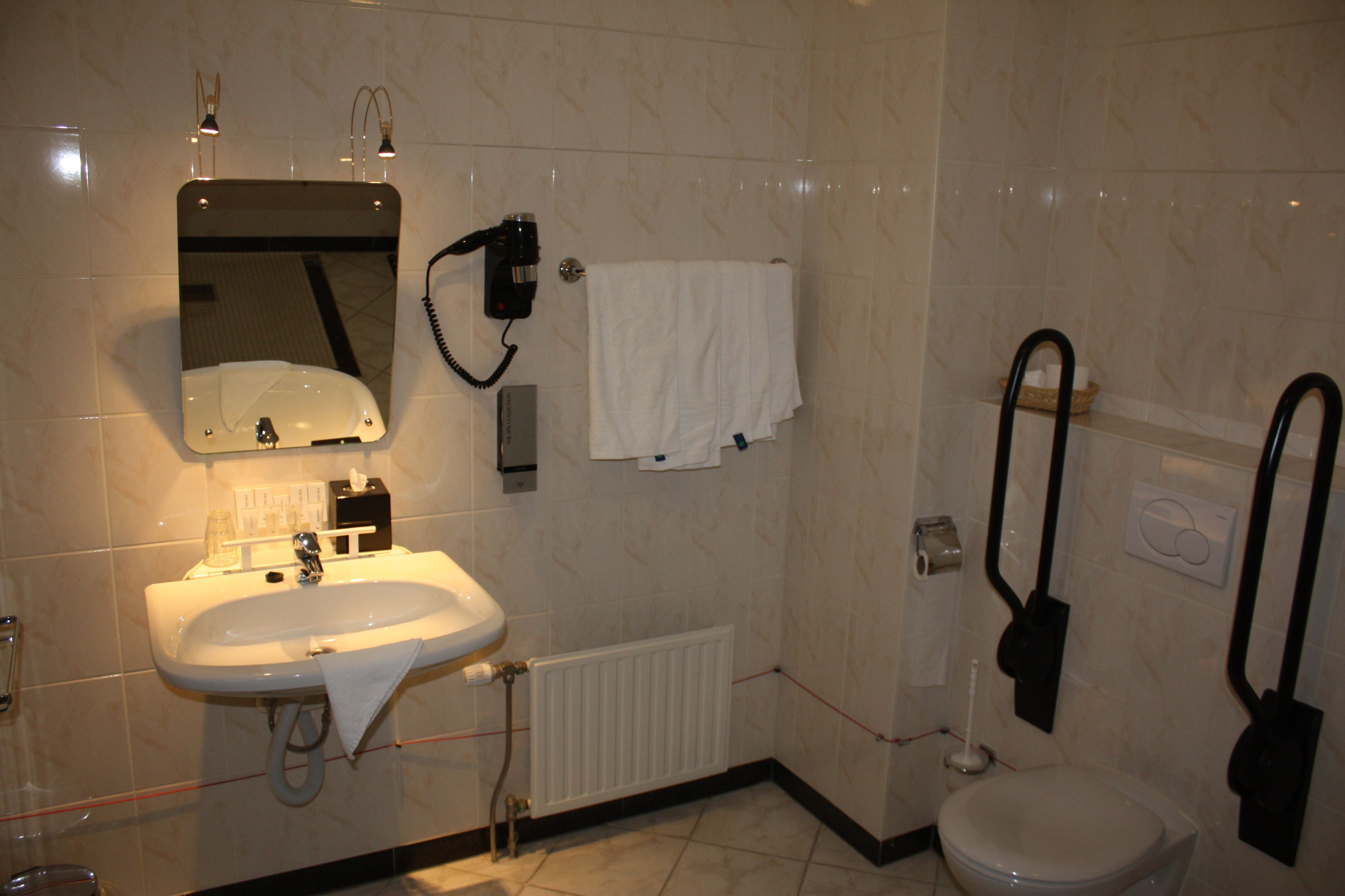 Un baño con lavamanos, espejo, toallero y retrete.