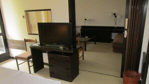 A hotel room with a bed, a desk with a television, a chair, a small table, and a waste basket. - Pela Hotel Ohrid (Ohrid)