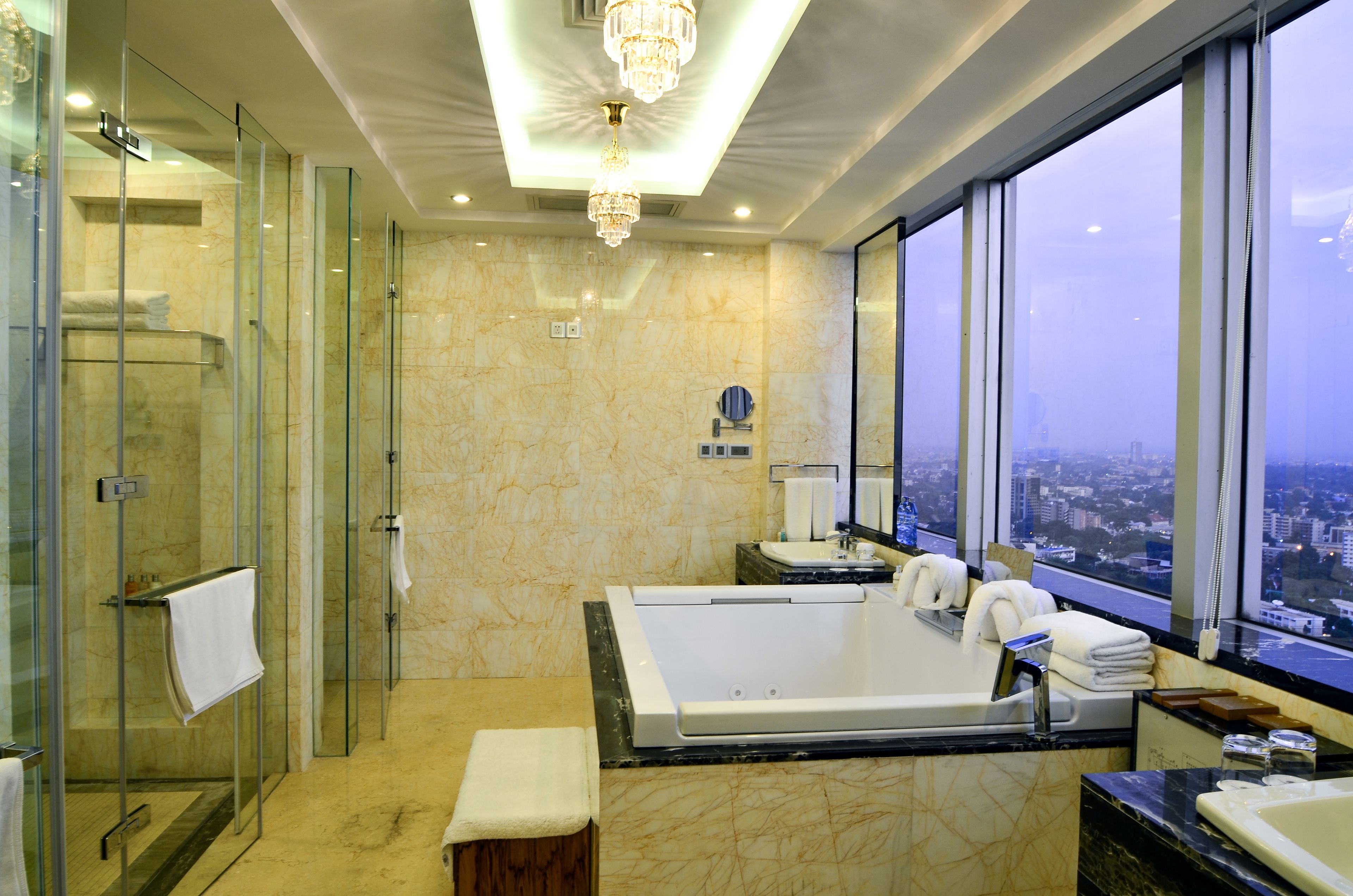 separate bathtub and shower, free toiletries, hair dryer, bathrobes