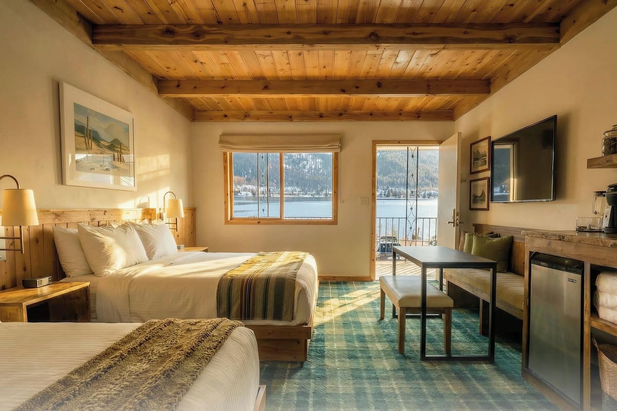 Un dormitorio acogedor con techo de madera, una cama, un escritorio y vistas a un lago.
