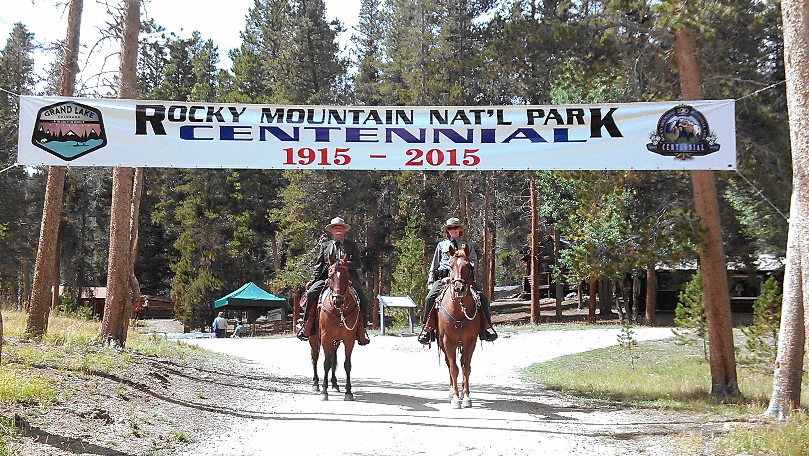 A banner for Rocky Mountain National Park's Centennial 2015 event with two individuals on horseback.