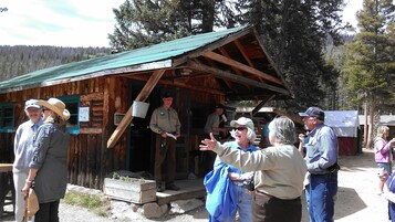 A rustic wooden cabin with a green roof, a wooden porch, and a sign that reads "Shop."