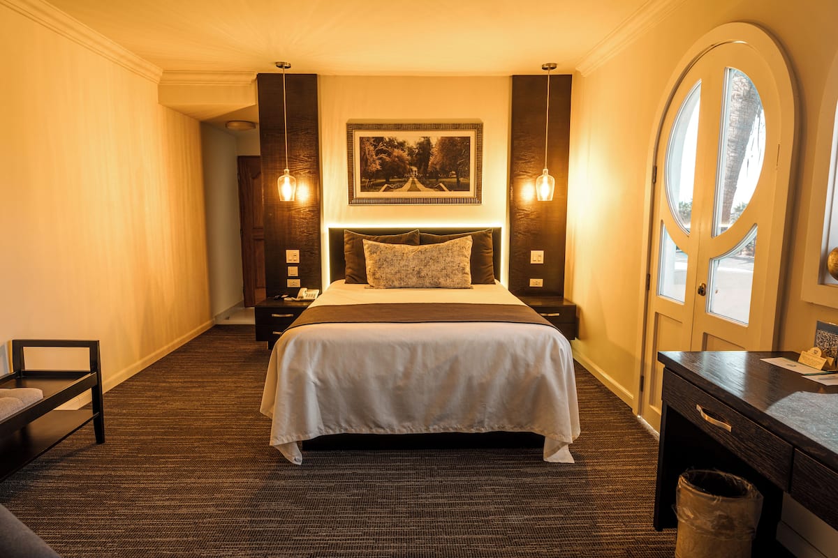 A hotel room with a large bed, a desk, a chair, a trash bin, and a door with a view.