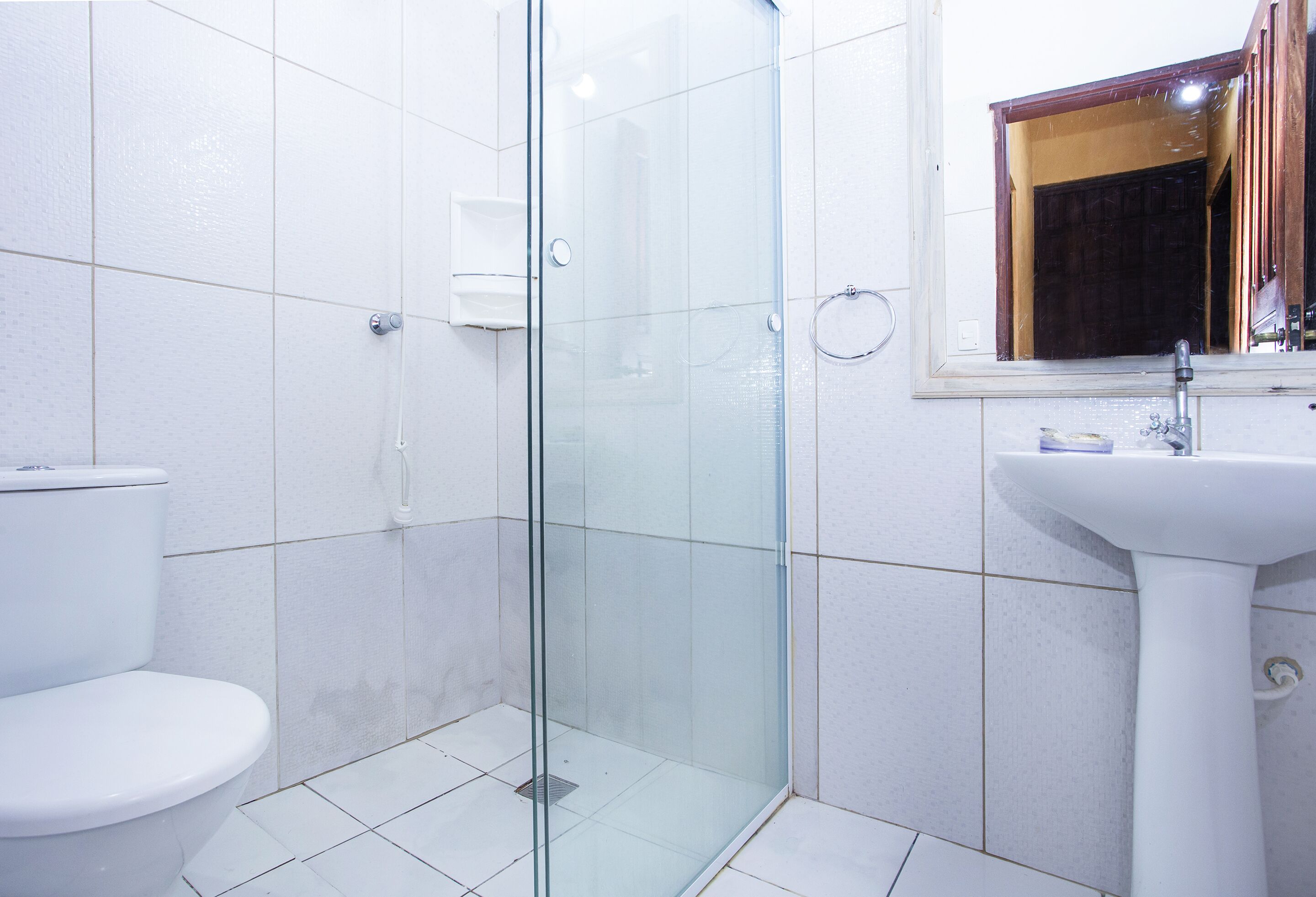 A bathroom with a glass-enclosed shower, a white toilet, and a sink with a mirror above it.