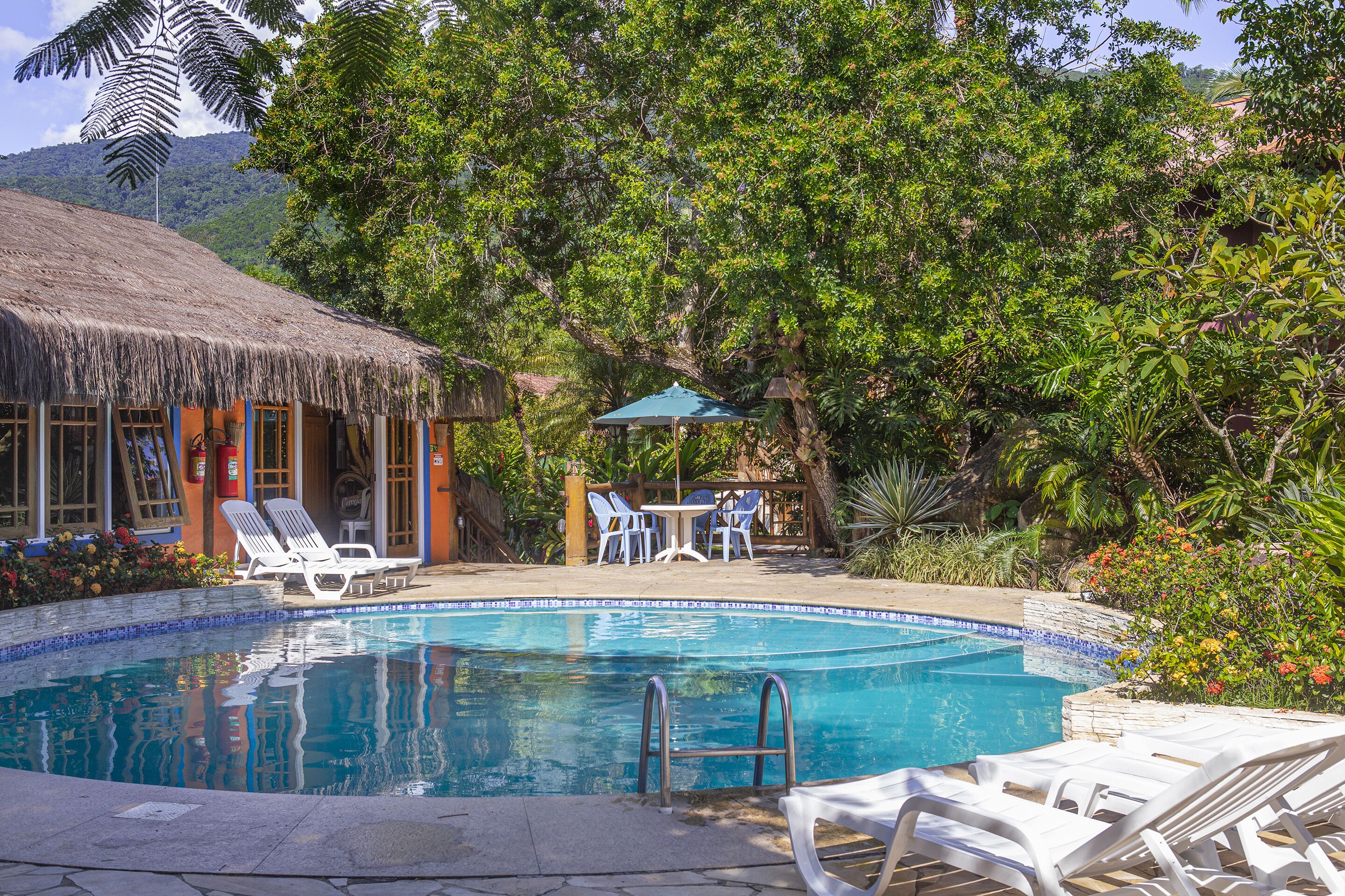 Une piscine avec des chaises longues et un abri à toit de chaume.