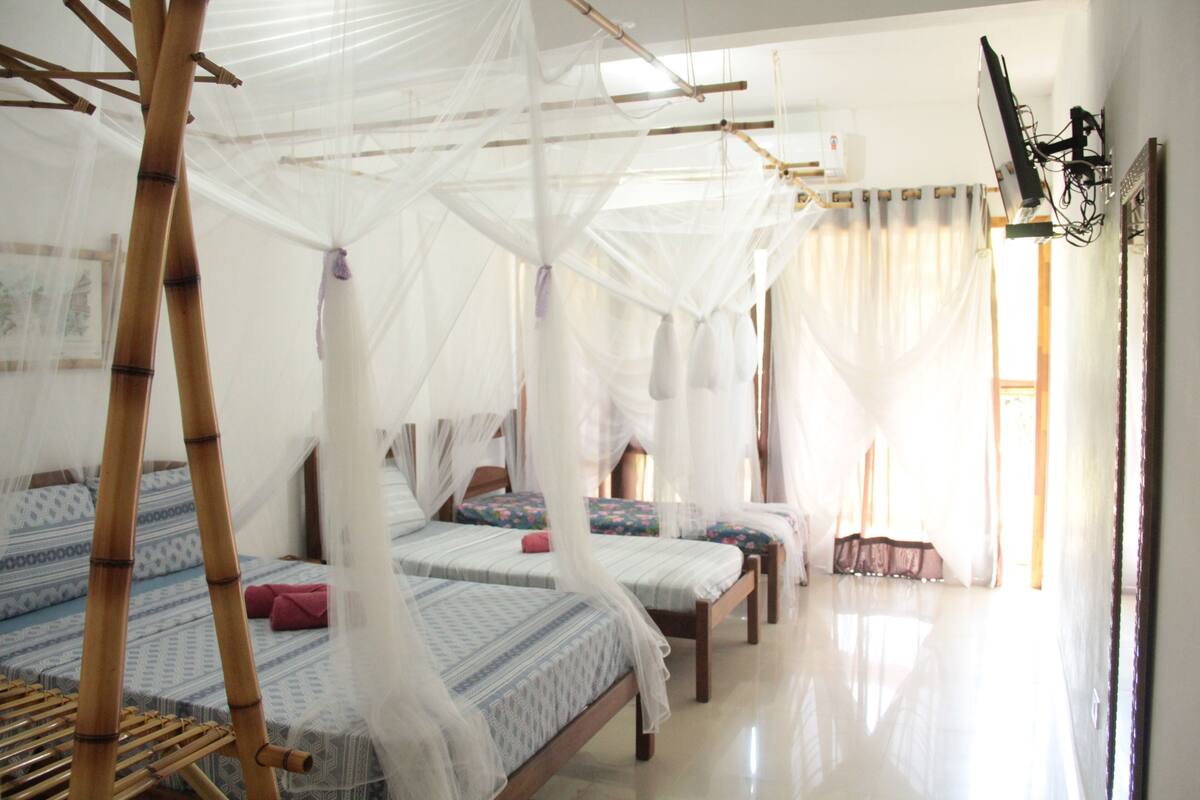 A room with three beds, each with a canopy, and a television mounted on the wall.