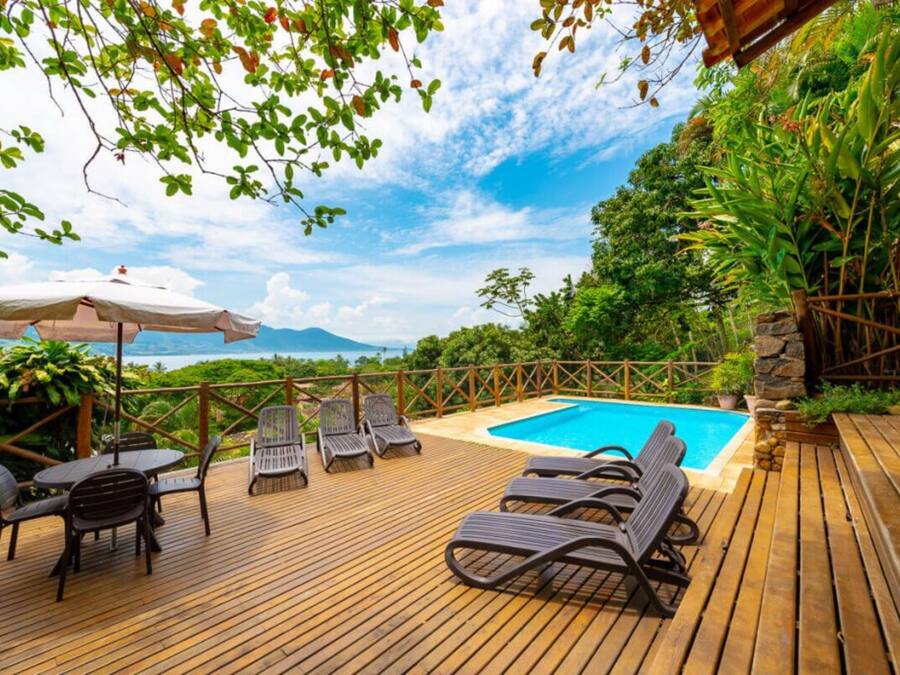 Outdoor pool, pool umbrellas, pool loungers