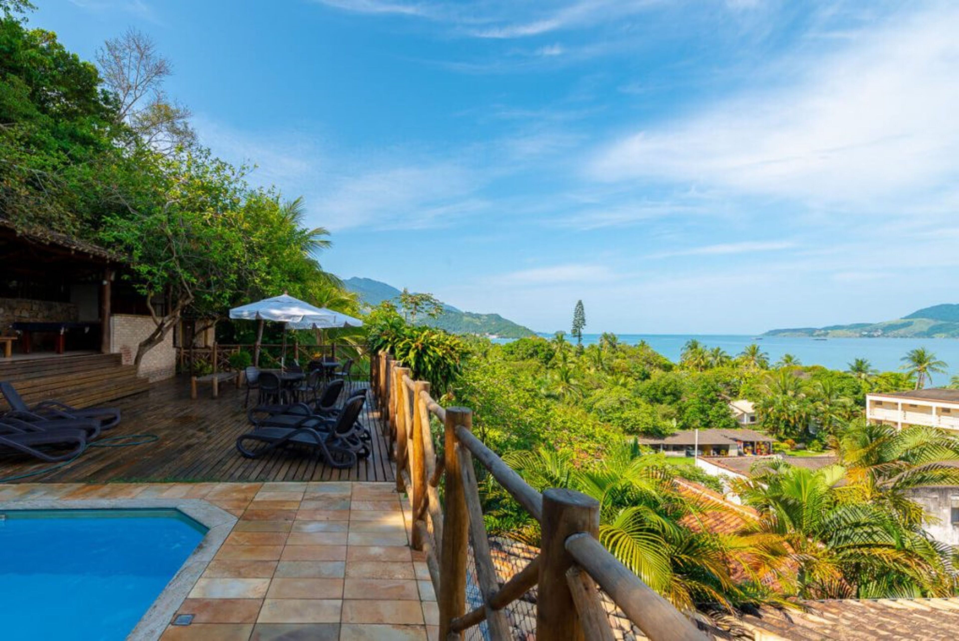 Outdoor pool, pool umbrellas, pool loungers