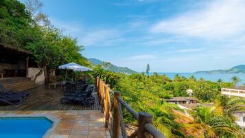 Outdoor pool, pool umbrellas, pool loungers