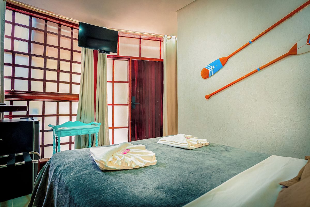 A hotel room with a bed, a desk, a TV, and two paddles on the wall.