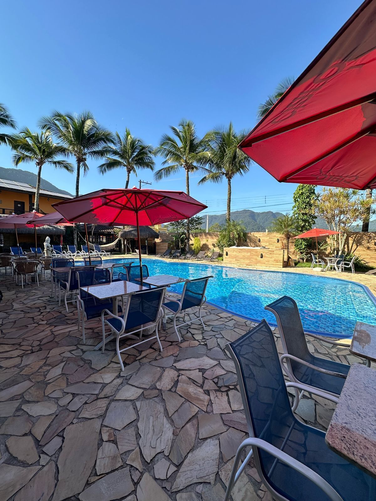 Outdoor pool, pool umbrellas, sun loungers
