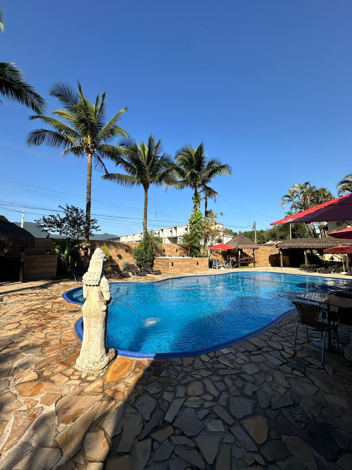 A swimming pool with stone tiles, palm trees, and a stone statue.