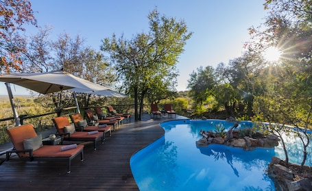 Una piscina al aire libre, sombrillas, sillones reclinables de piscina