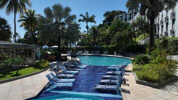 Outdoor pool, pool umbrellas, pool loungers