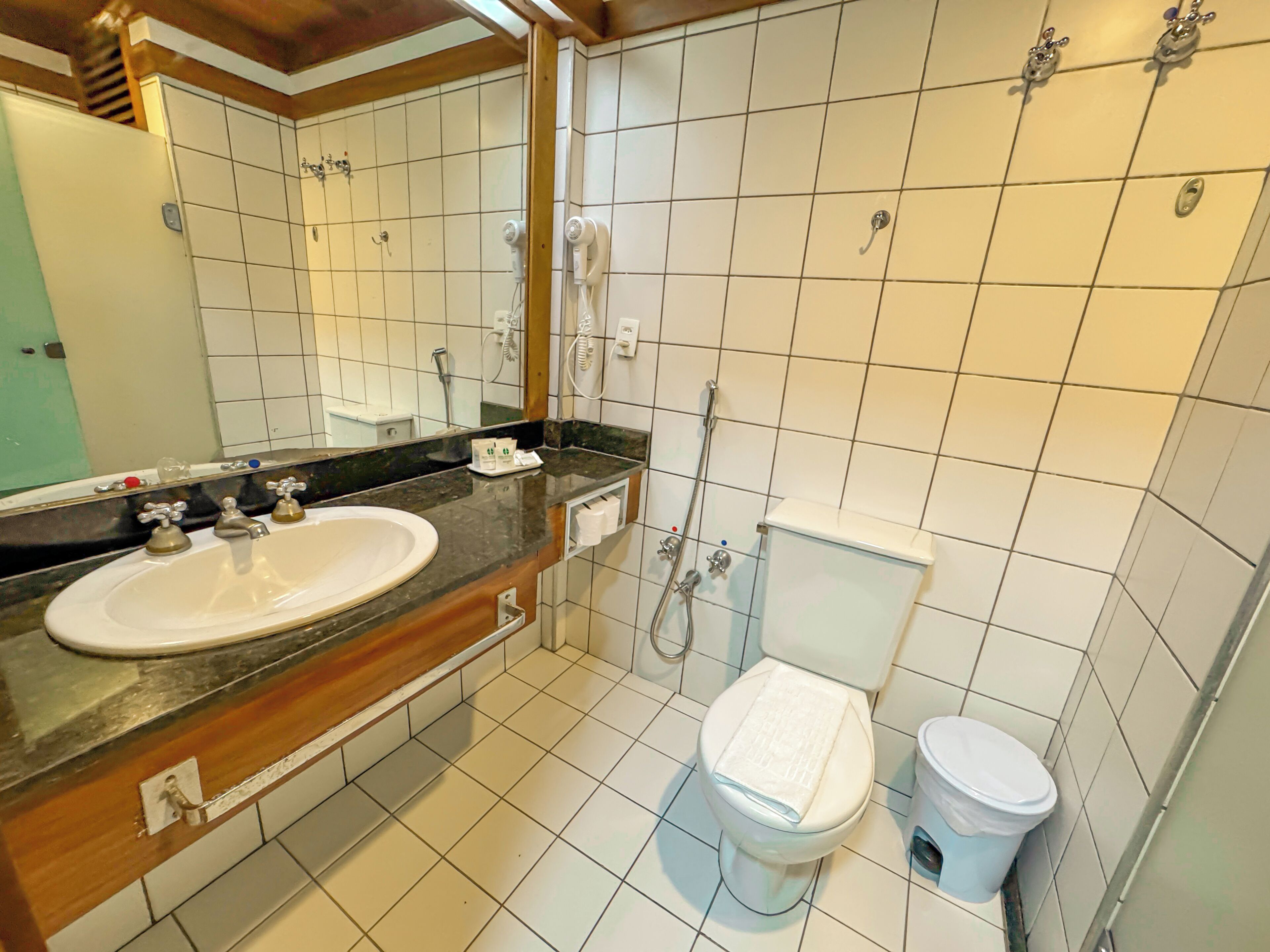 A bathroom with a sink, mirror, toilet, and shower.