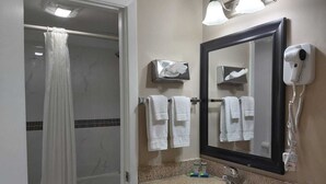Une salle de bain équipée d’une douche, de toilettes, d’un lavabo et d’un miroir avec un sèche-mains.