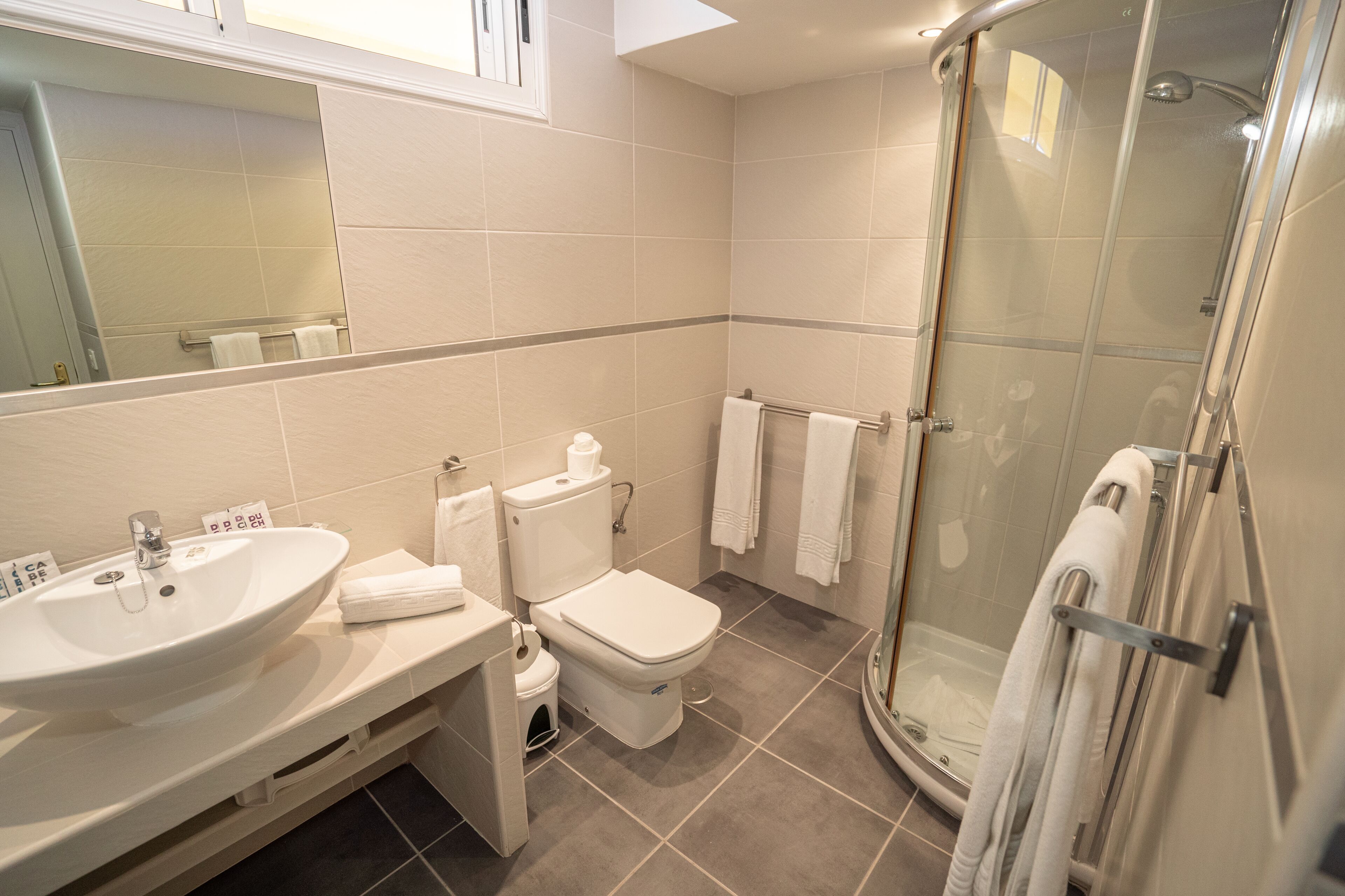 A modern bathroom with a sink, toilet, and glass shower enclosure.