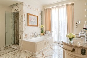 Suite, Terrace (Imperial) | Bathroom | Separate bathtub and shower, hydromassage showerhead, free toiletries - Palazzo Parigi Hotel & Grand Spa Milan (Milan)