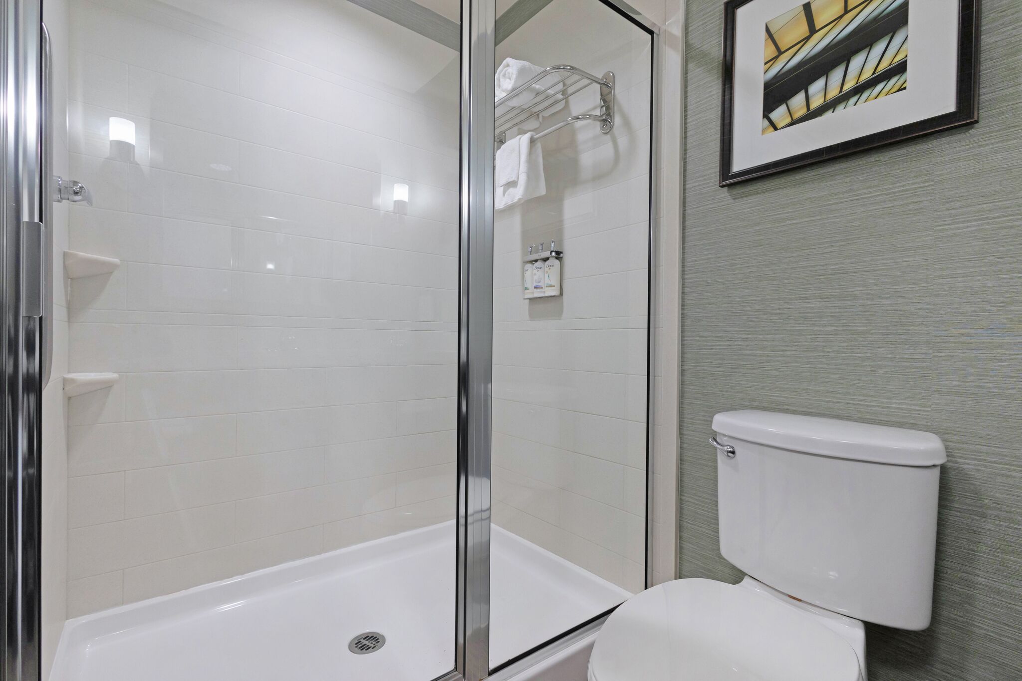 A modern bathroom with a glass-enclosed shower, a white toilet, and a framed picture on the wall.