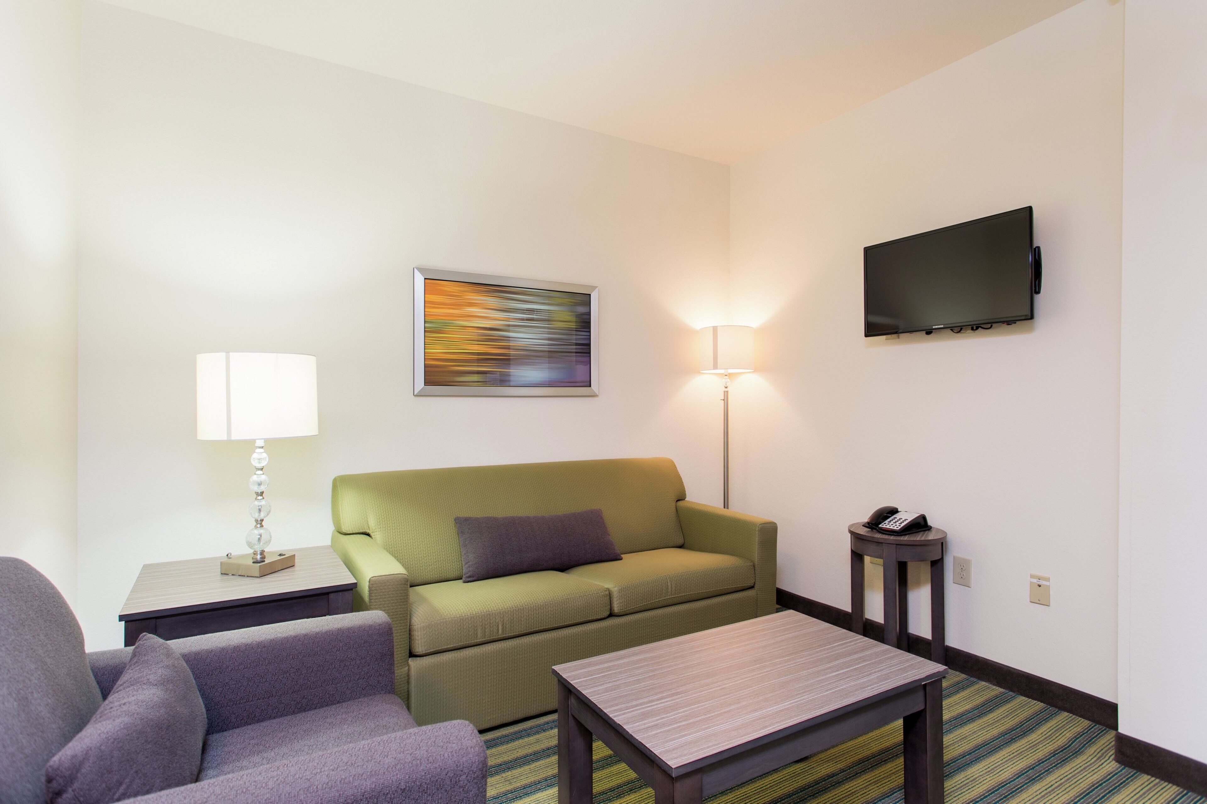 A hotel room with a green sofa, a small table, a lamp, a television, and a telephone on a side table.
