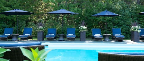Seasonal outdoor pool, pool umbrellas, pool loungers