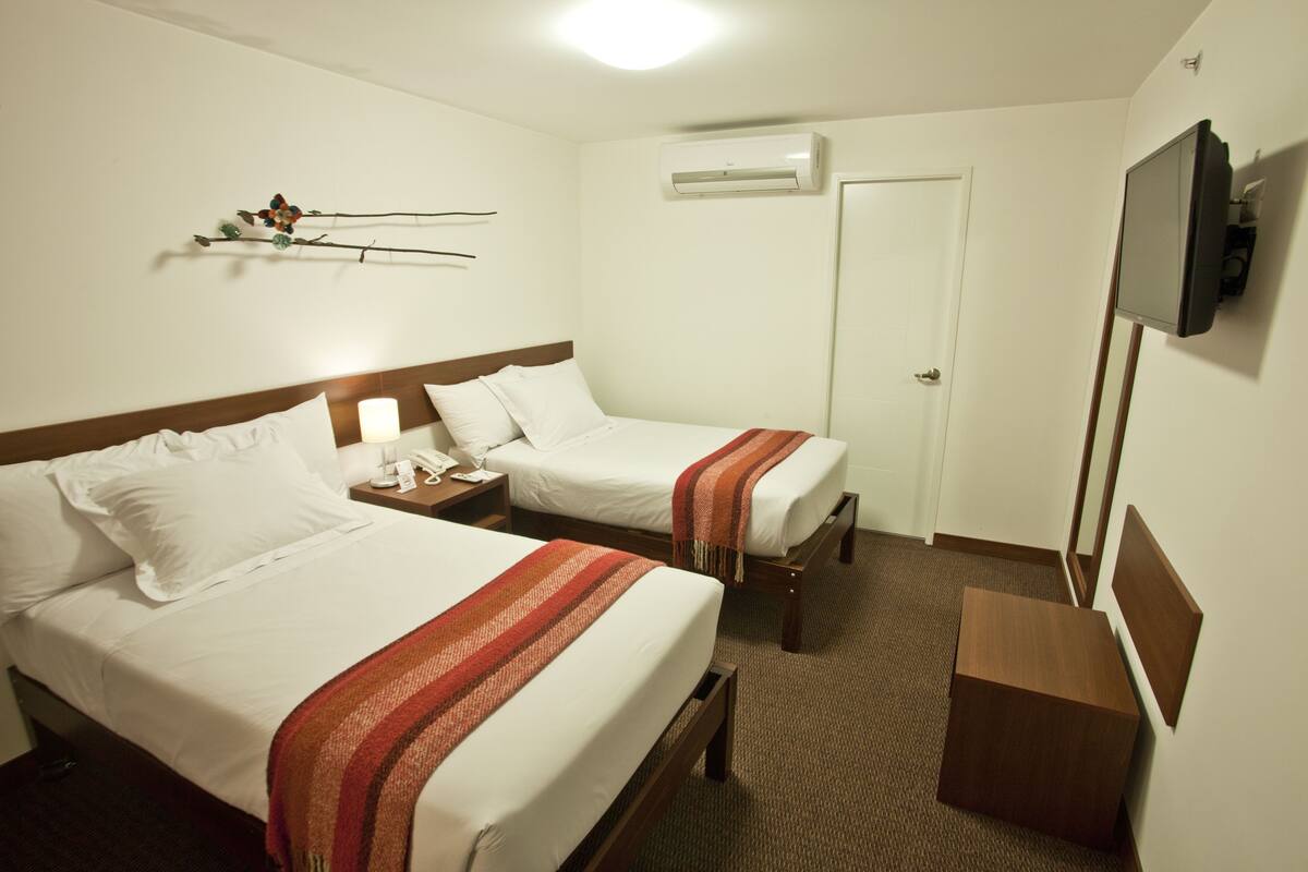 Une chambre d’hôtel avec deux lits, une table de chevet avec une lampe, un appareil de climatisation, une porte et un téléviseur fixé au mur.