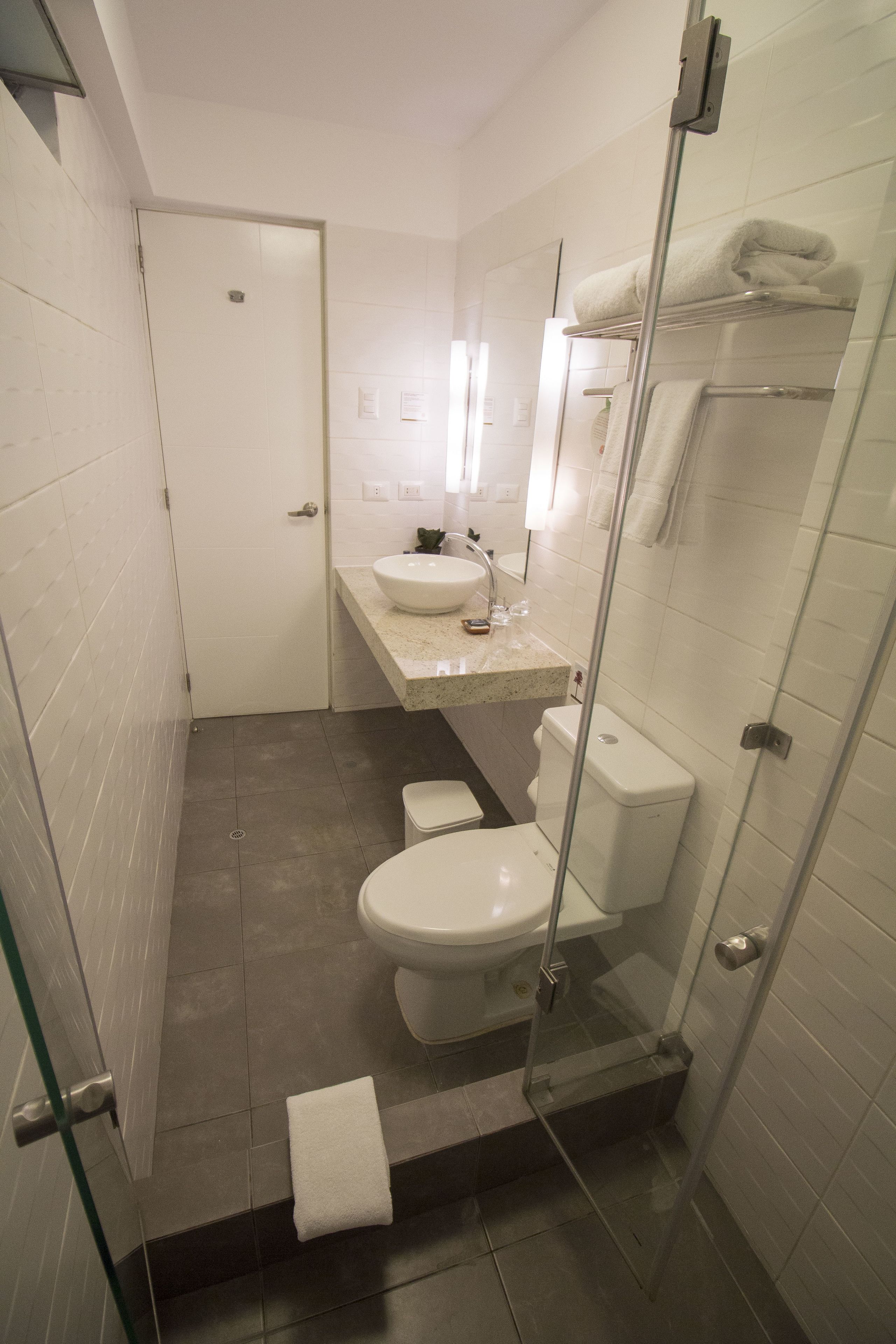 Een kleine badkamer met toilet, wastafel en douchecabine met glazen wanden.