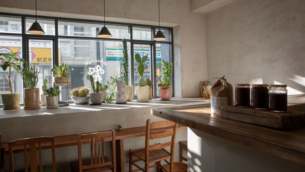 Un área de cocina con sillas de madera, una ventana con plantas en macetas y frascos sobre la encimera.