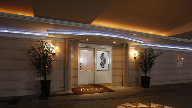 A hotel entrance with a modern design, featuring a geometric patterned floor, a frosted glass door, and two potted plants. - Hotel Olive Sakai (Sakai)