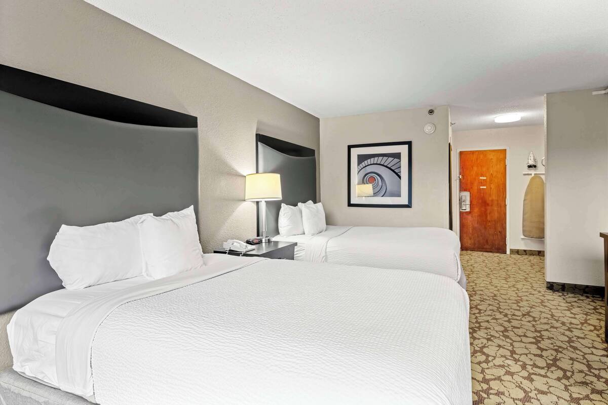 A hotel room with two beds, a nightstand with a lamp, a framed picture on the wall, and a patterned carpet.