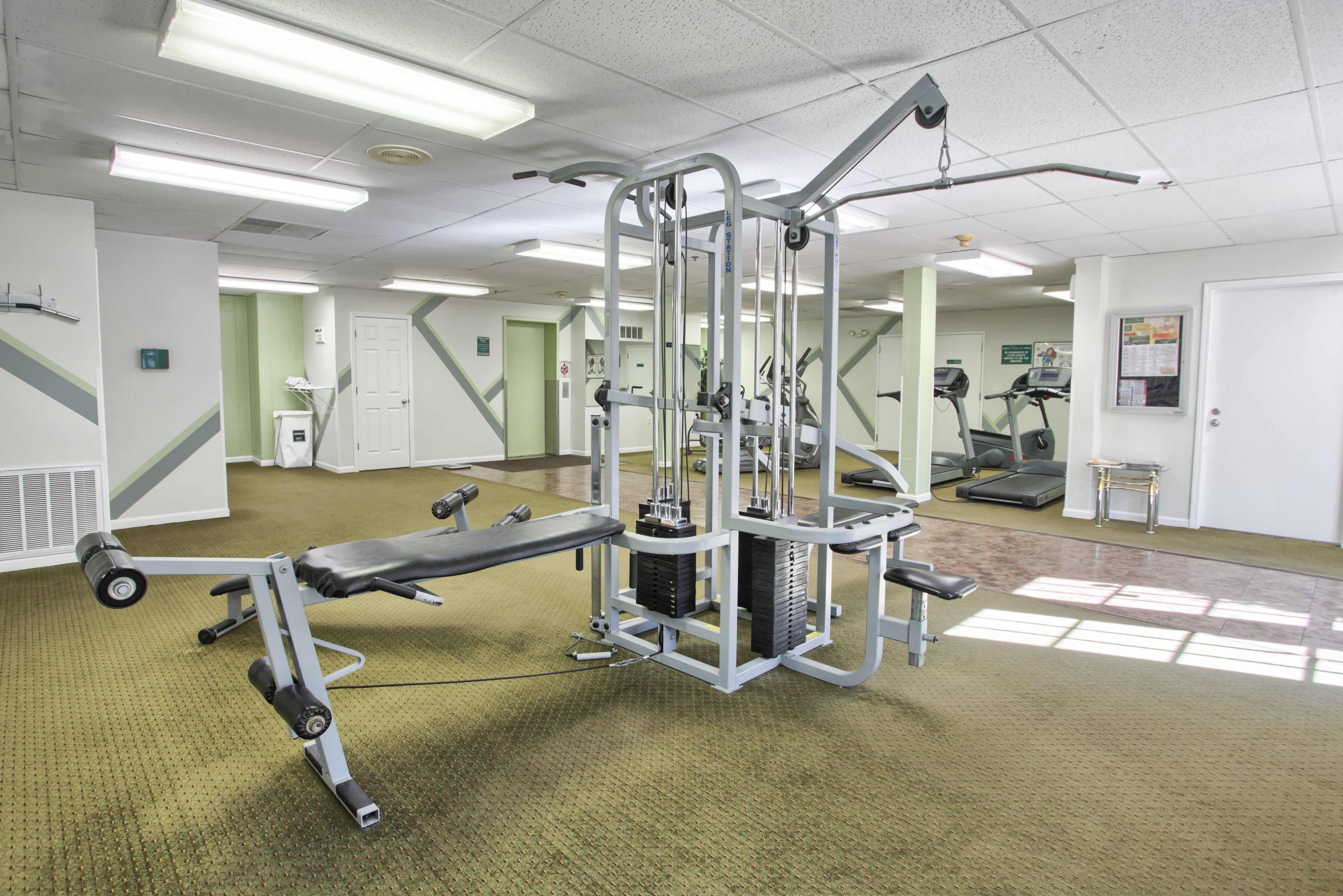 A gym with exercise equipment, a bench, and a treadmill.