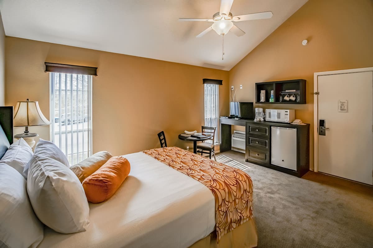 Une chambre avec un lit, un bureau, une chaise, un four à micro-ondes et un réfrigérateur.
