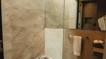 A modern bathroom with a glass shower enclosure, a towel rack, and a small plant in a container.