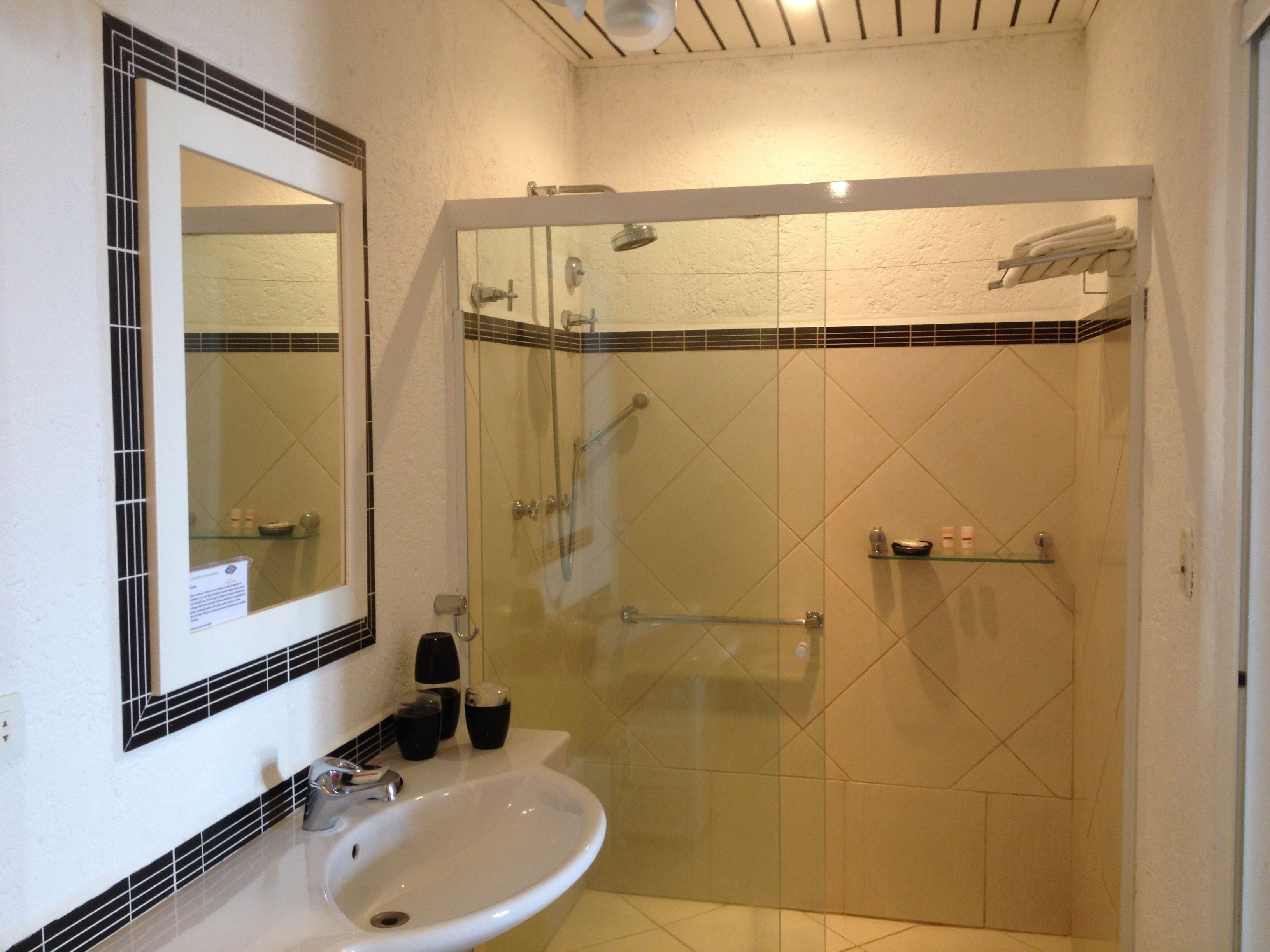 A bathroom with a glass-enclosed shower, a sink, and a mirror.