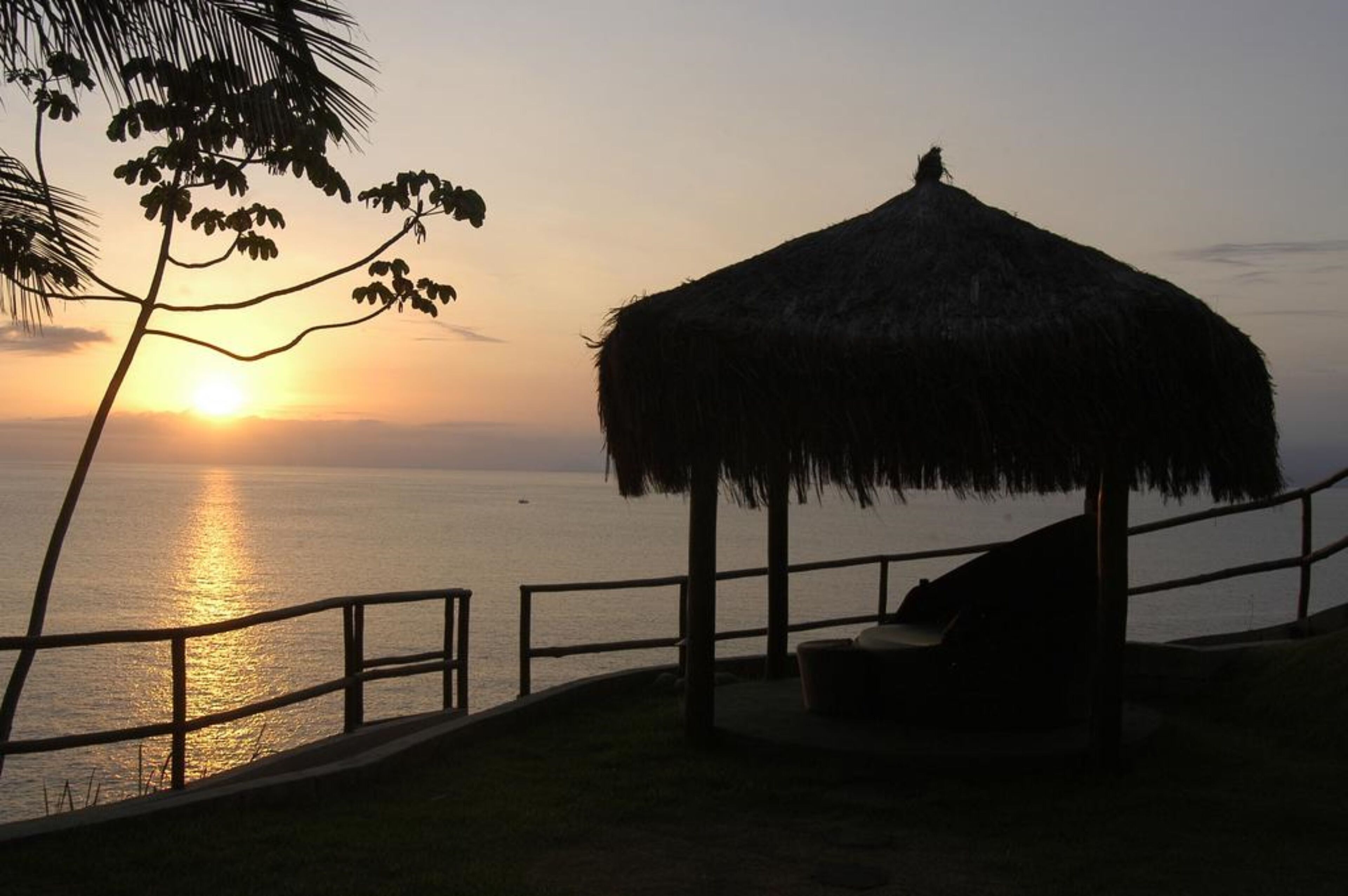 A beachside view with a thatched hut and a palm tree silhouetted against a sunset.