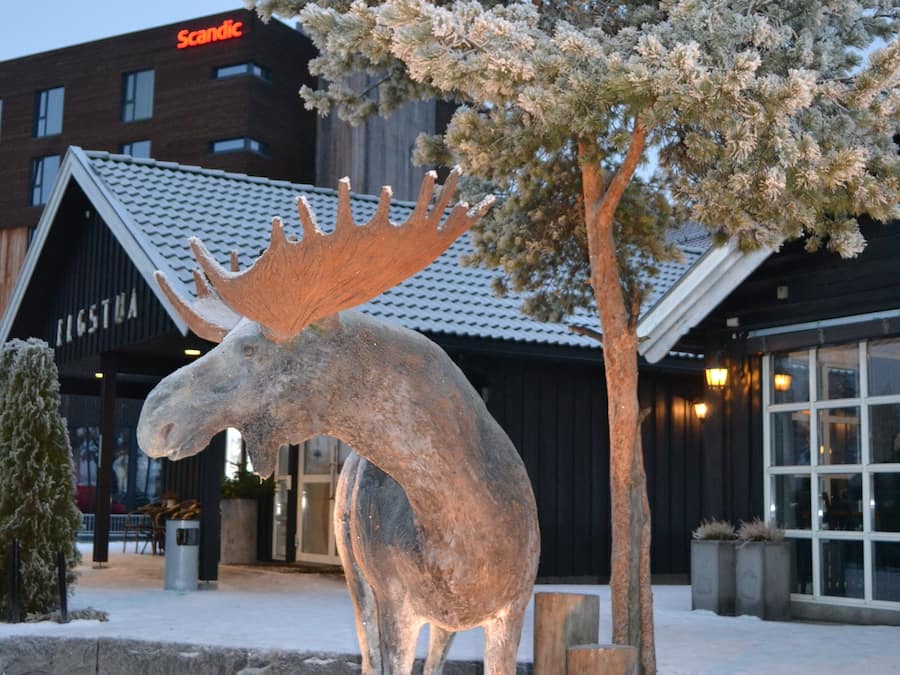 Una escultura de alce en un área exterior nevada con un edificio al fondo.