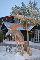 A moose sculpture in a snowy outdoor area with a building in the background.
