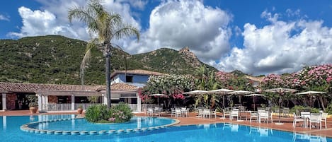 Una piscina con un patio alrededor, una palmera y una montaña al fondo.