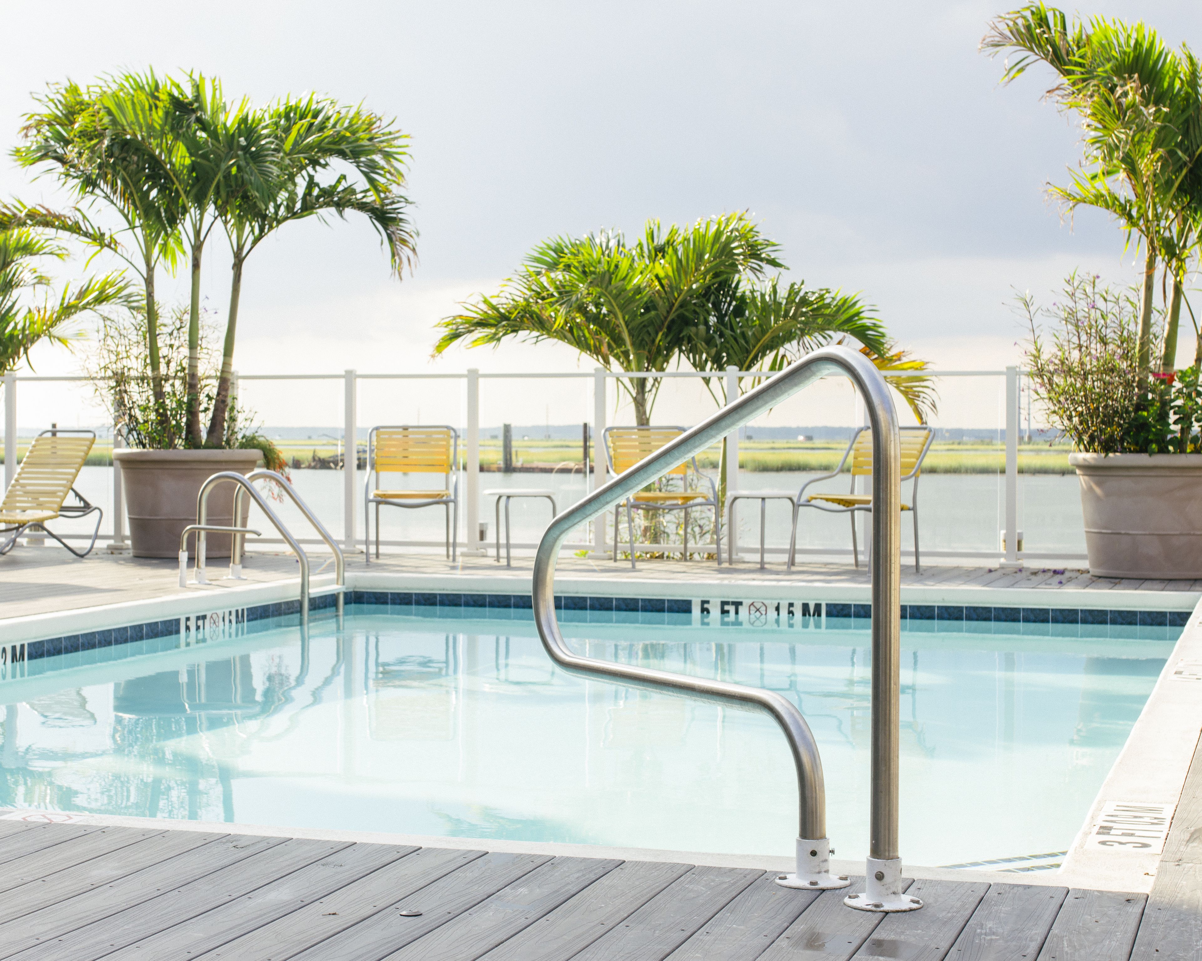 Une piscine avec un escalier en métal, entourée de chaises longues et de plantes en pot, donnant sur une étendue d’eau.