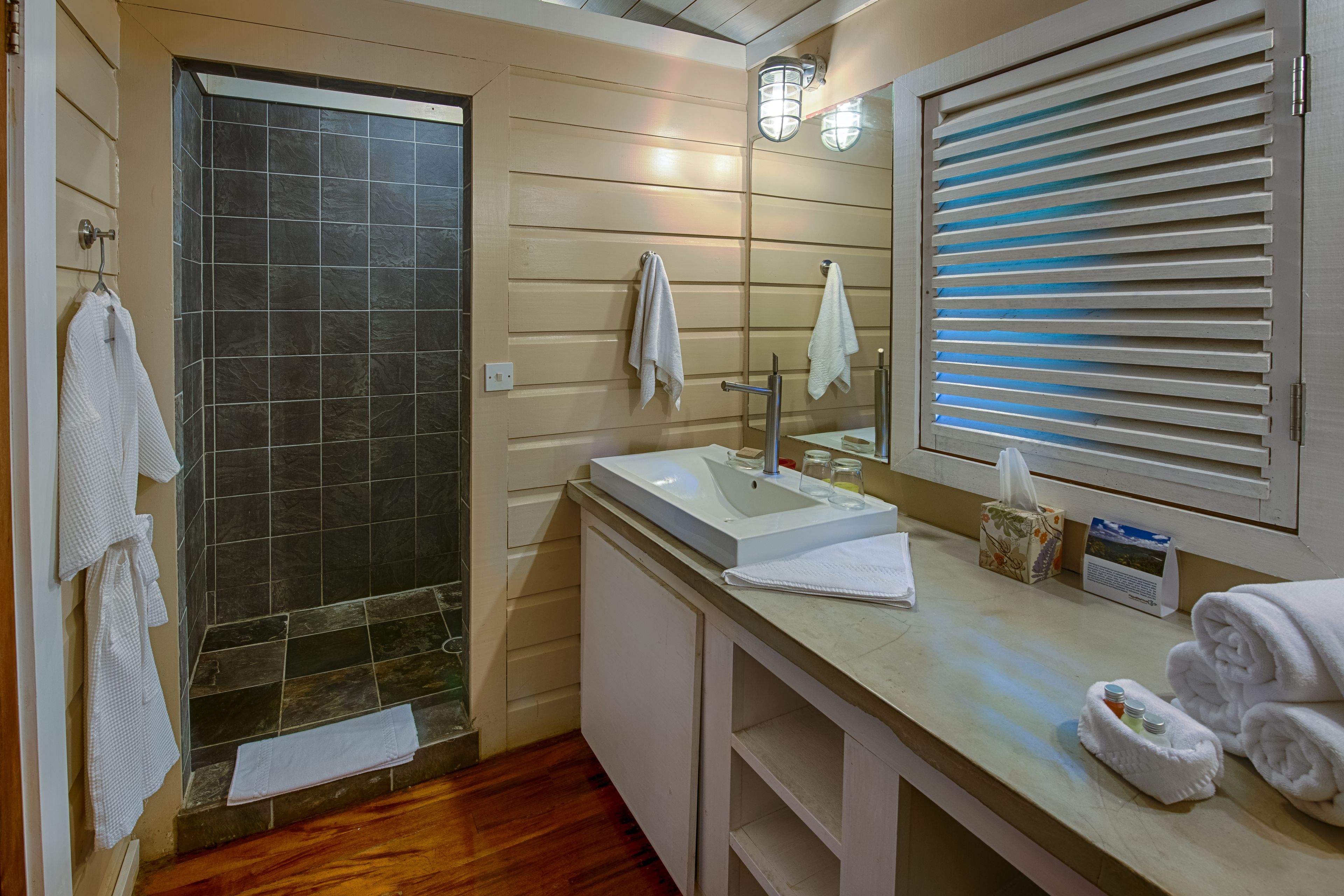 room (cabana 3) | bathroom | shower, rainfall showerhead, designer toiletries, hair dryer