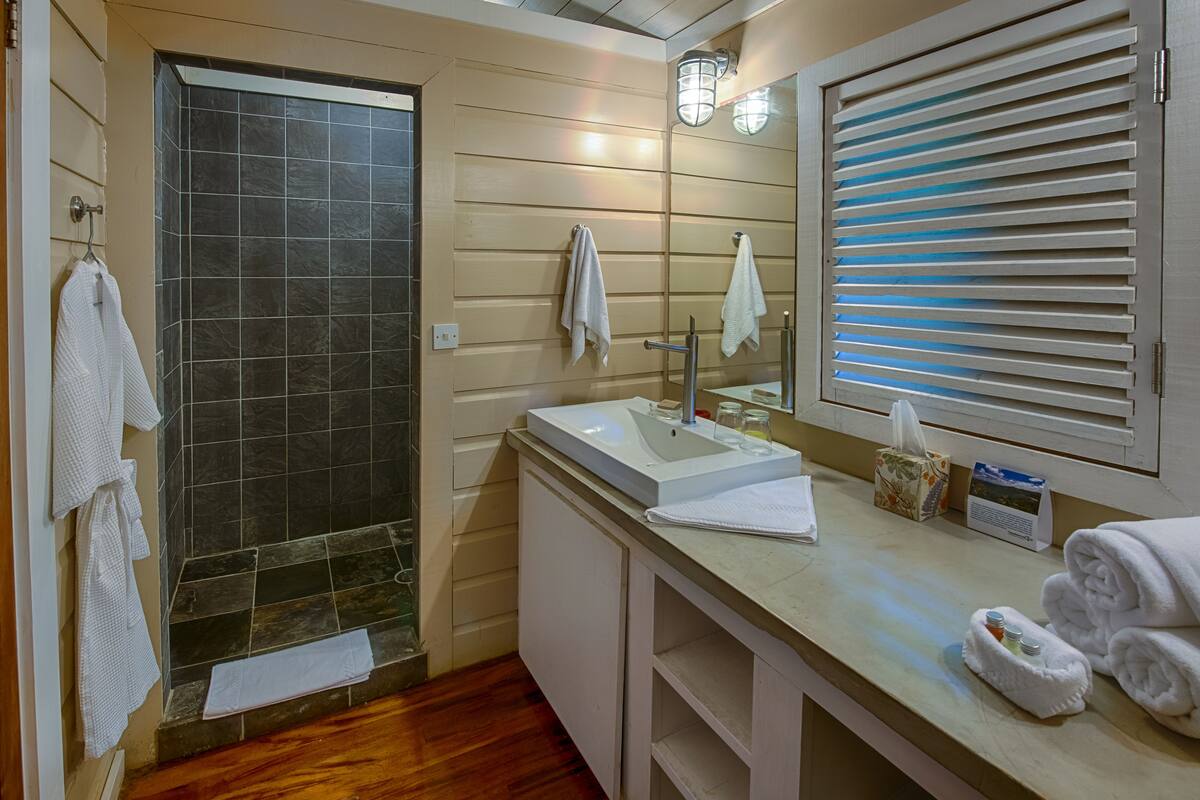 room (cabana 3) | bathroom | shower, rainfall showerhead, designer toiletries, hair dryer