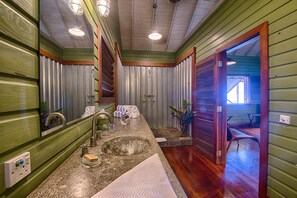 Cabana 2 | Bathroom | Shower, rainfall showerhead, designer toiletries, hair dryer - Pagua Bay House Oceanfront Cabanas (Marigot)