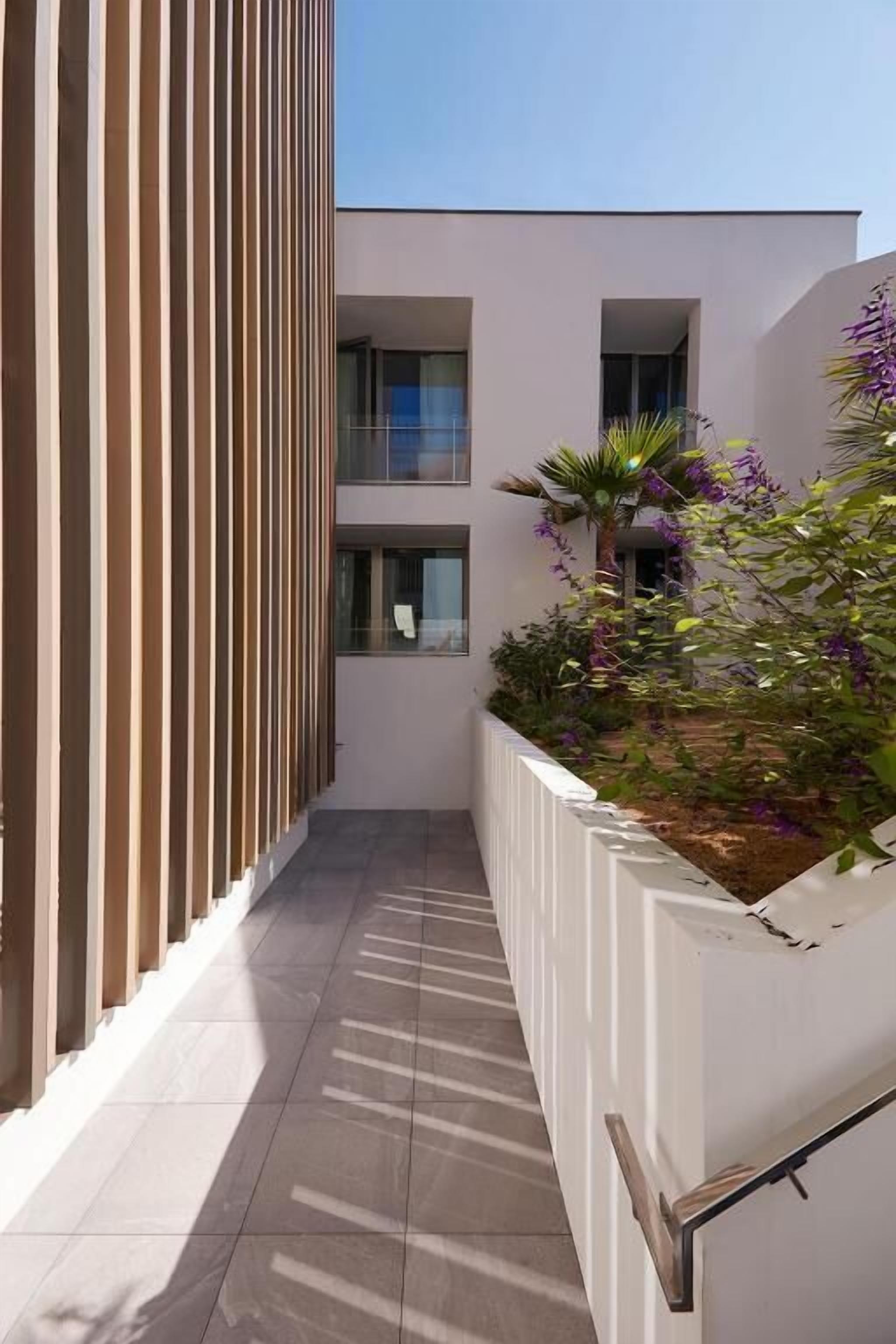 A narrow, sunlit corridor with a modern building on one side and a planter with purple flowers on the other.