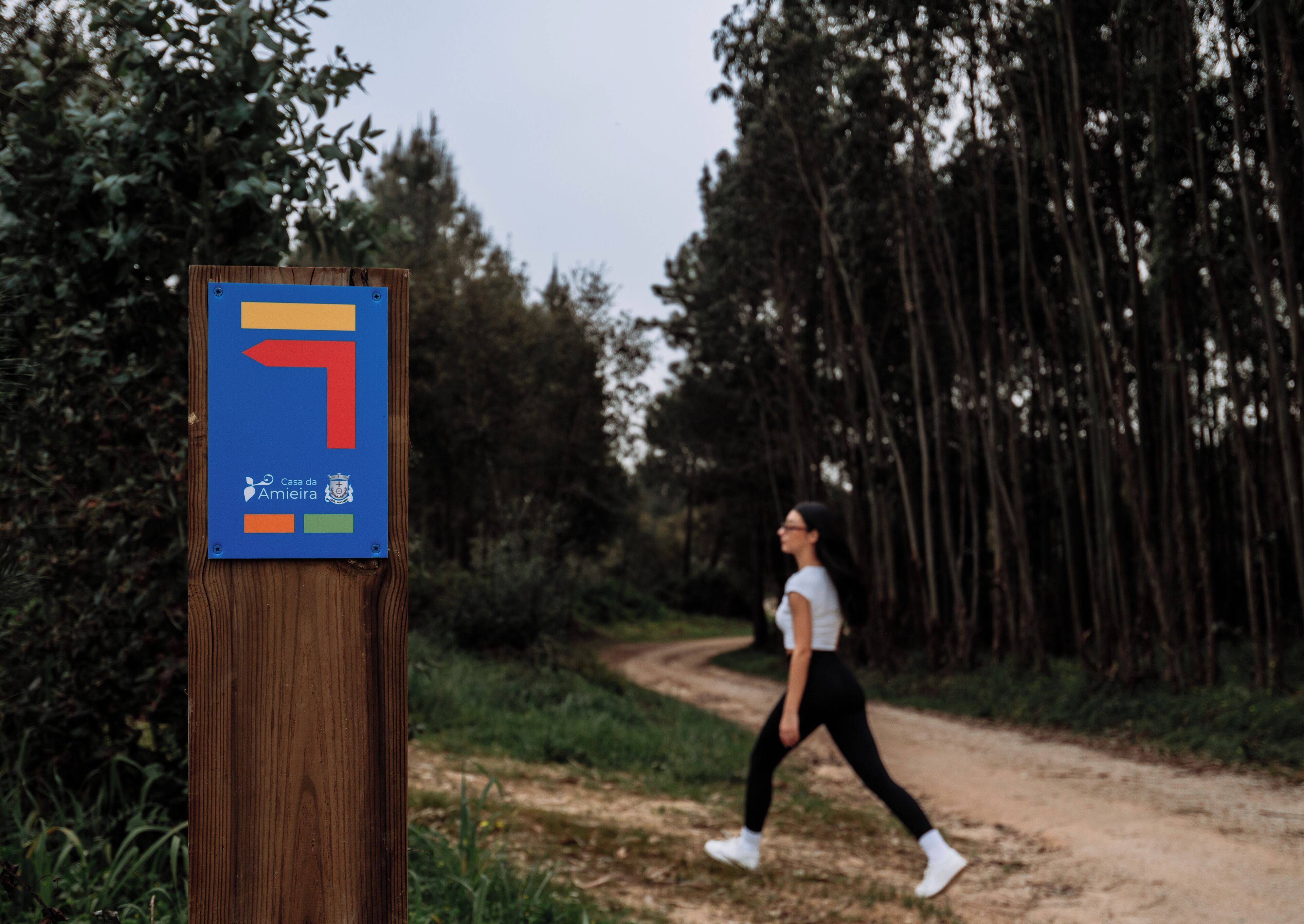 A sign with directional arrows and a logo, placed on a wooden post beside a dirt path in a wooded area.