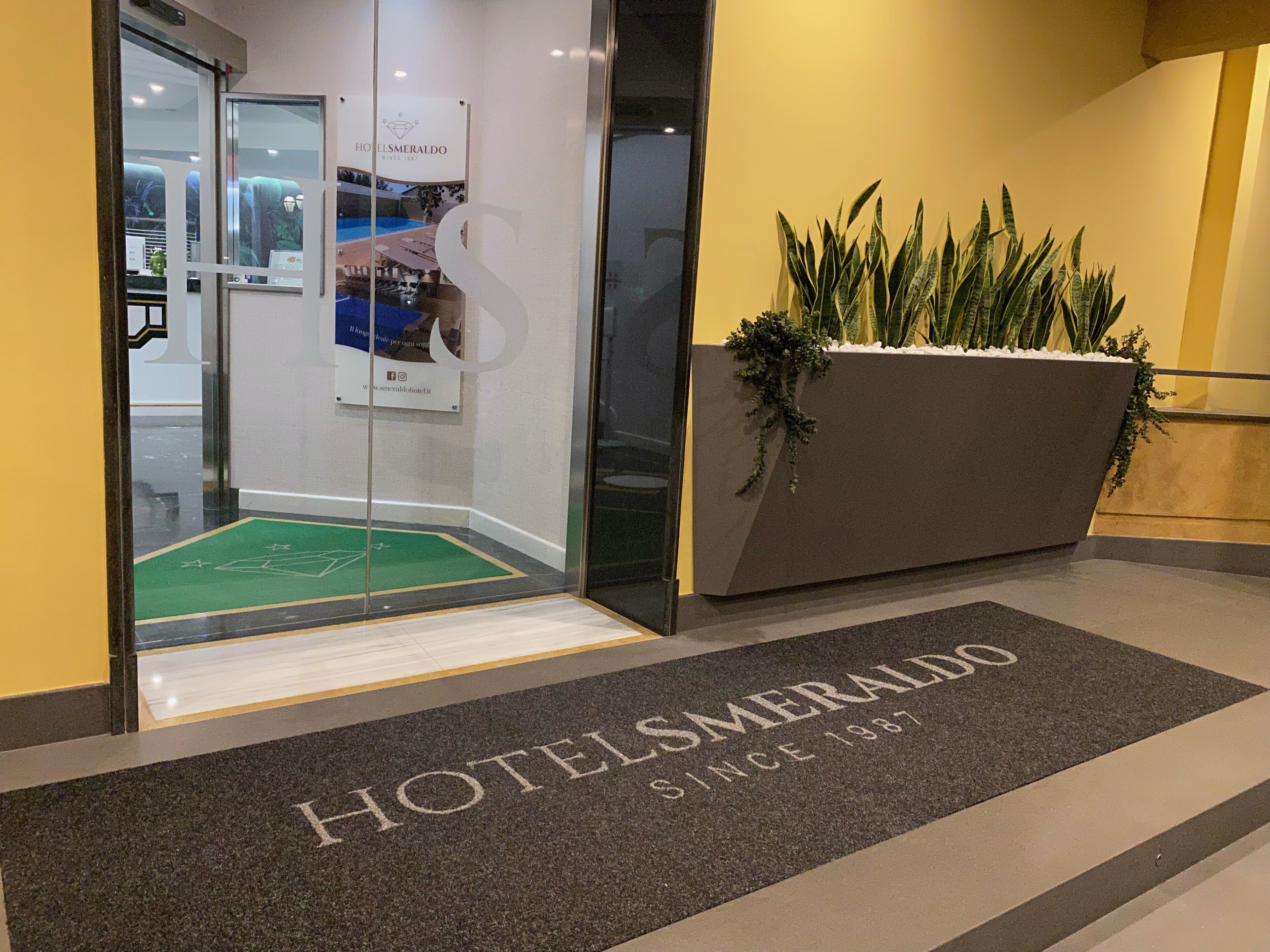 A hotel entrance with a glass door, a green mat with a logo, and a planter with green plants.
