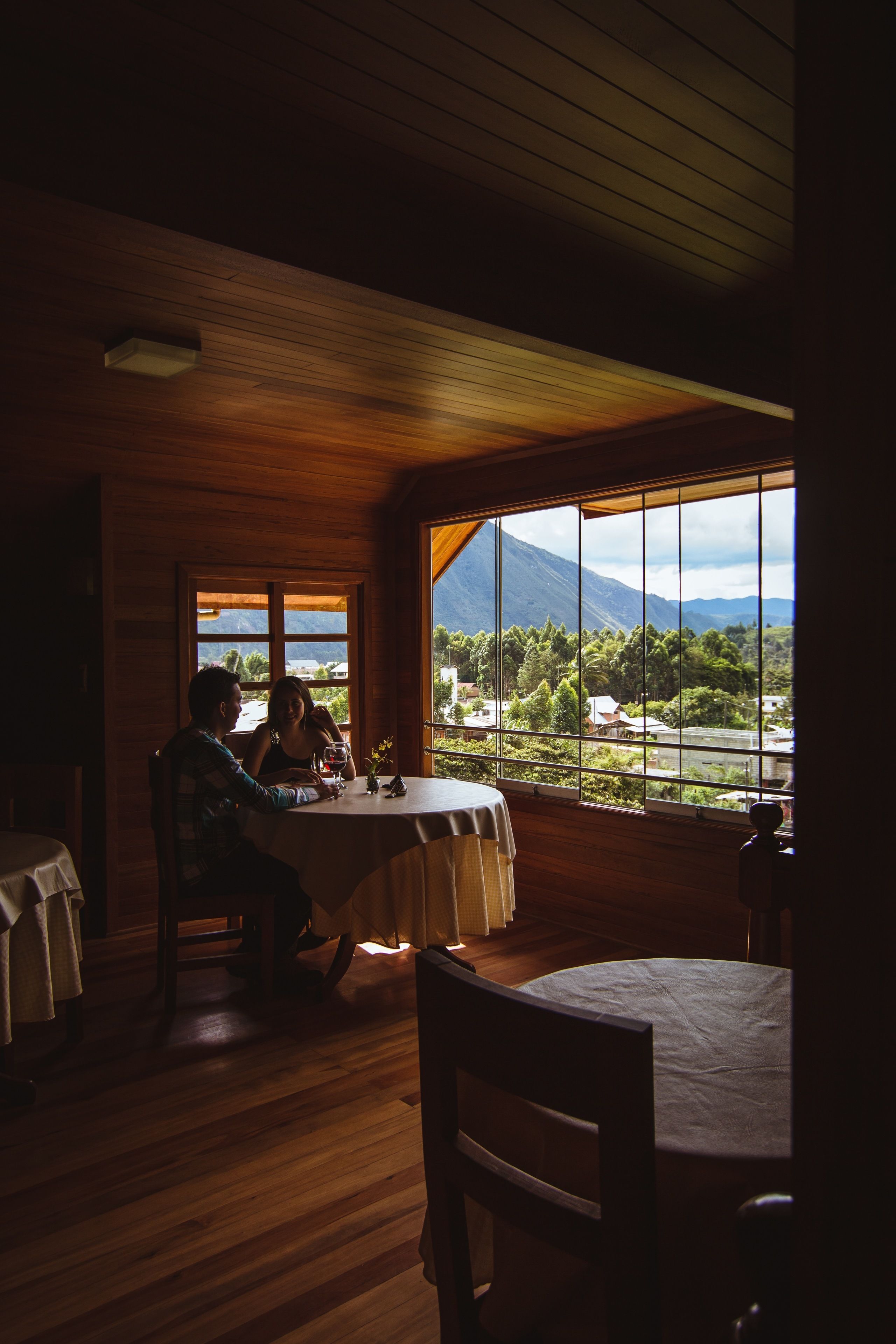A wooden interior with a dining table and chairs, a window with a view of a mountain and greenery.