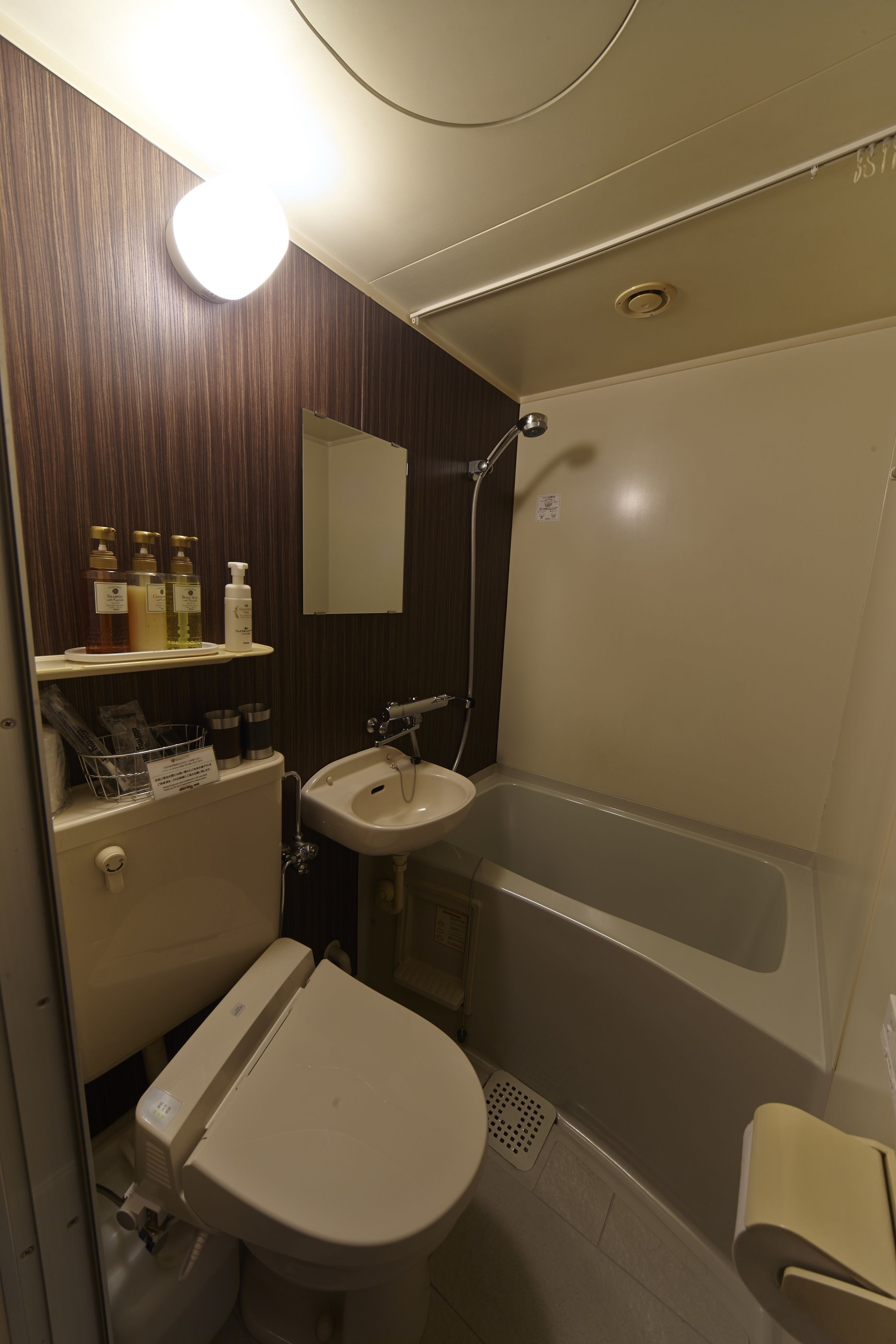 combined shower/bathtub, free toiletries, hair dryer, slippers