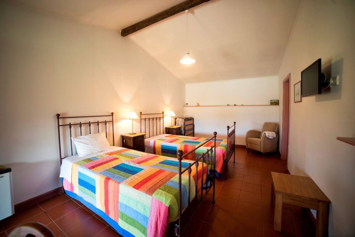 Une chambre avec deux lits, une chaise, un bureau et un téléviseur fixé au mur.