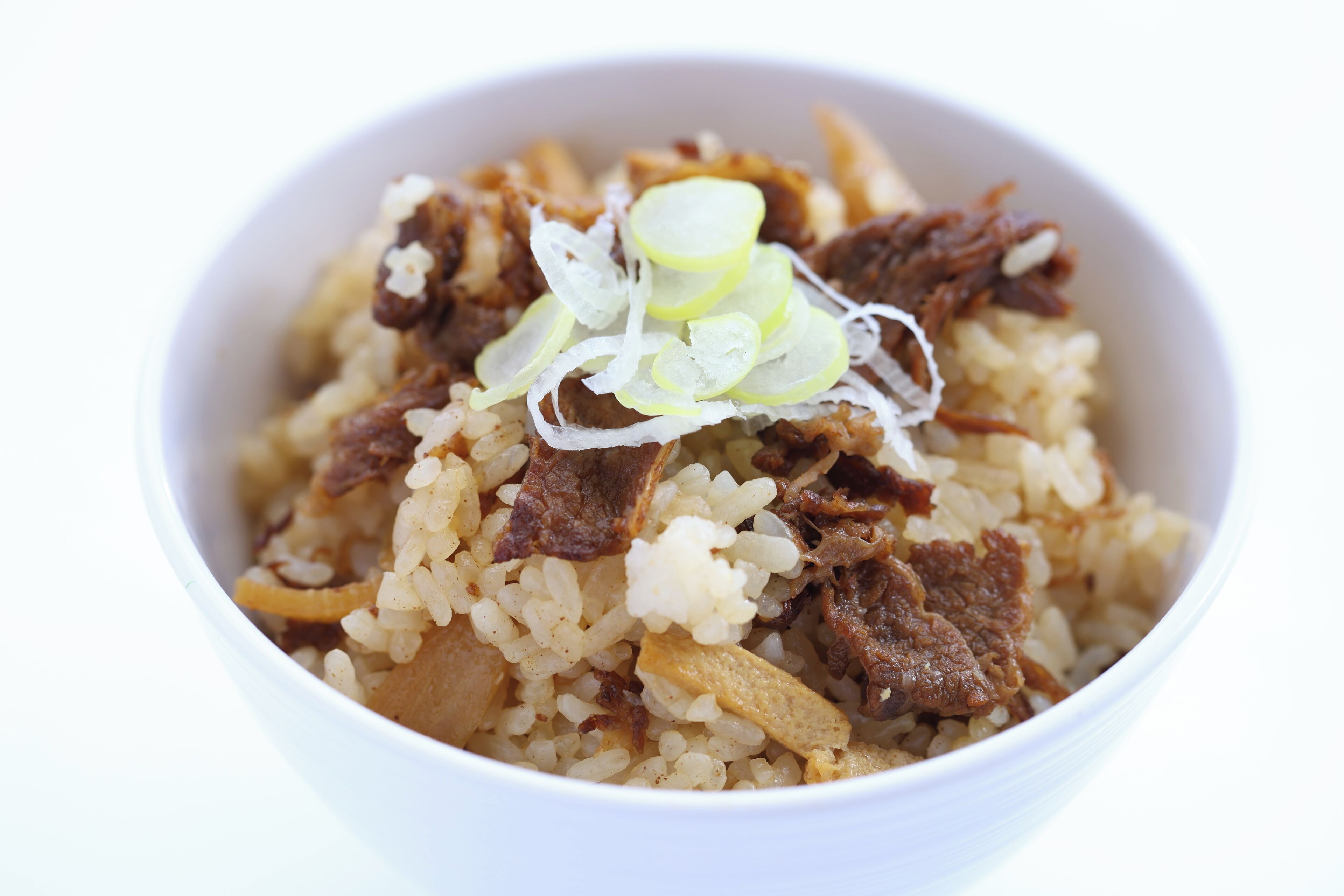 Un bol de riz frit avec de la viande et des oignons verts coupés en tranches.