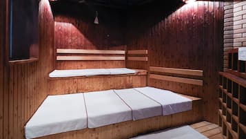 A wooden sauna with benches and a bench seat.